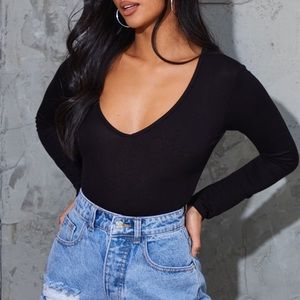 Petite Domineca Black Basic V Neck Bodysuit